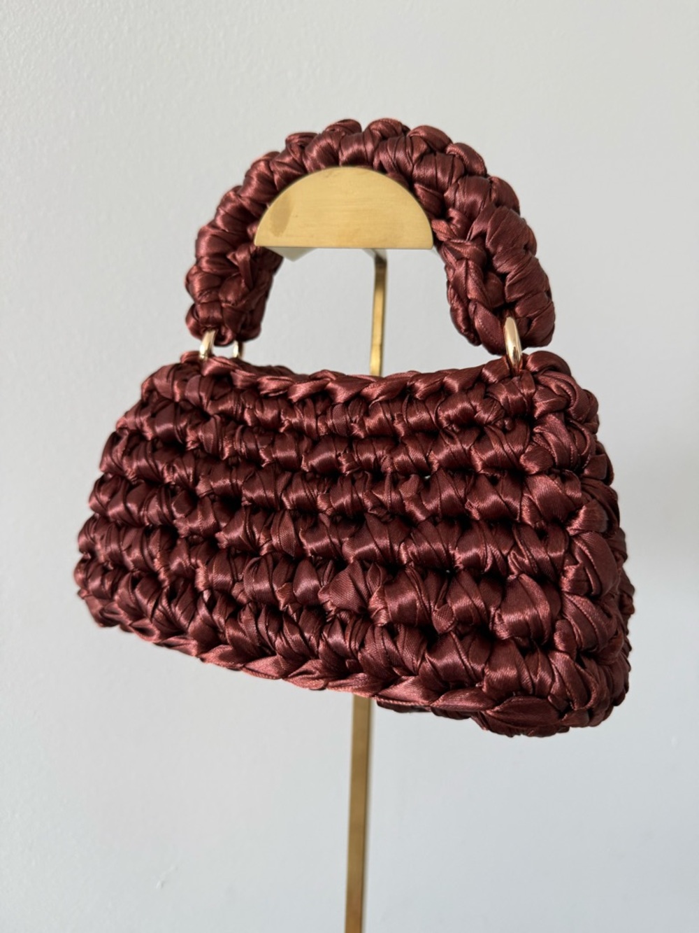 Woven Satin Mini Top-Handle Bag in Deep Burgundy